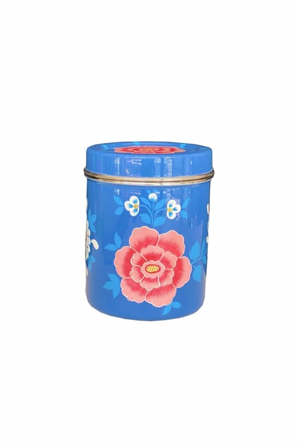 Enamel coffee box navy blue flower 15 cm