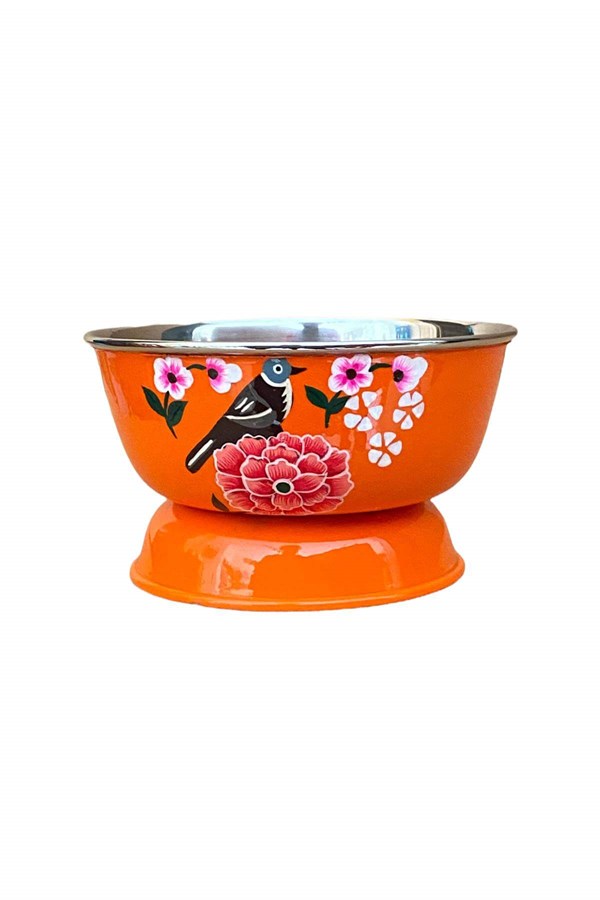 Enamel bowl 13 cm orange bird